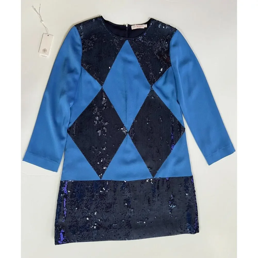 Tory Burch Lantilly Evening Blue Sequin Shift Tunic Dress Sz 10 NWT $795